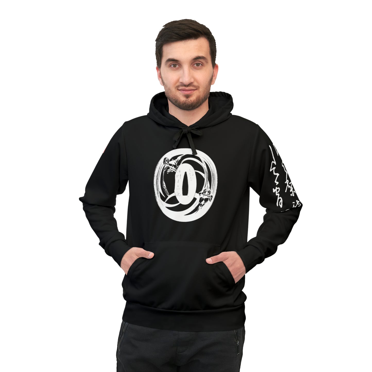 Traditional Japanese Hoodie - Tsuba Symbol and Japanese Calligraphy Hoodie - BLACK