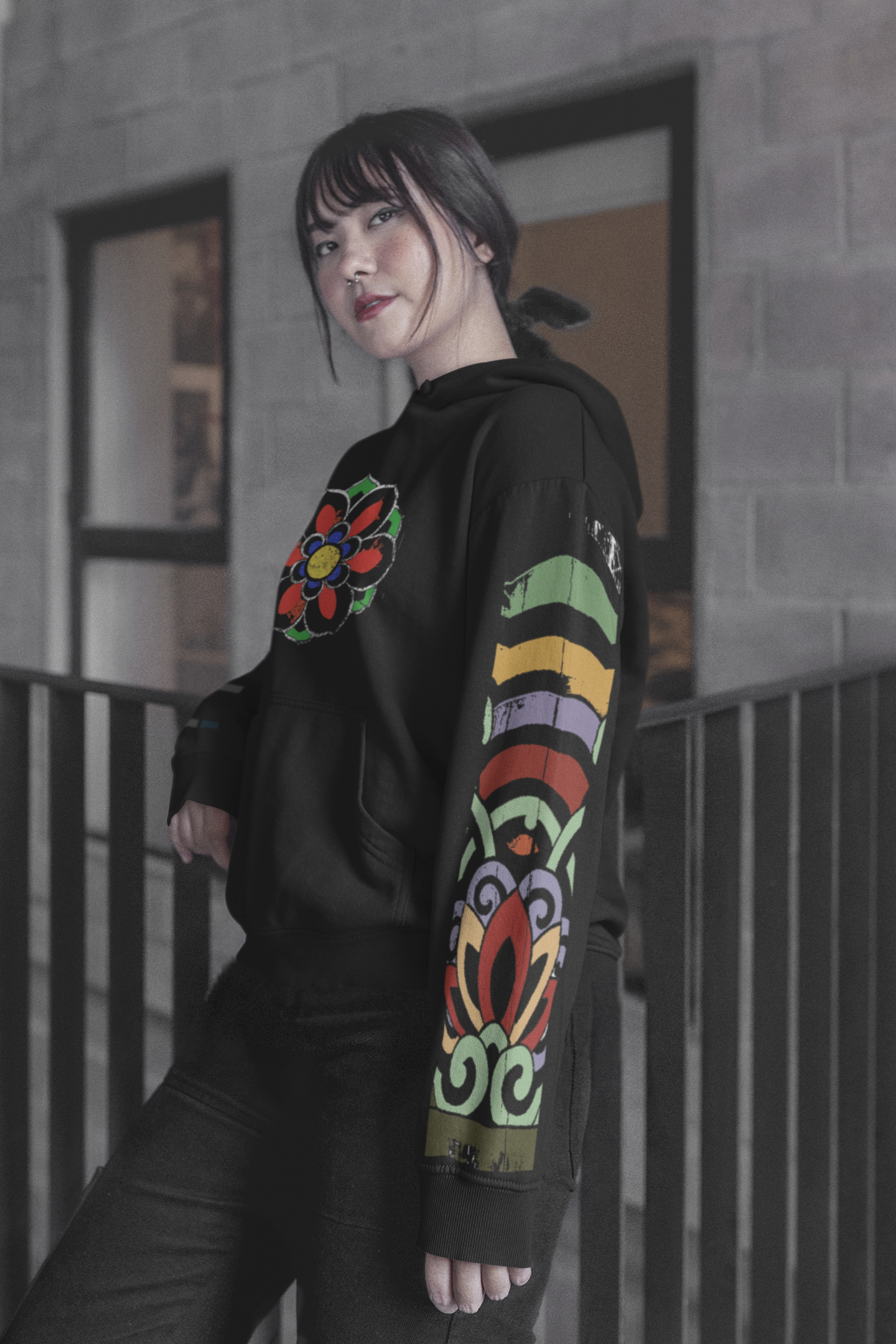 Traditonal Korean Hoodie - Dancheong Symbol & Pattern with Caligraphy - COLOUR