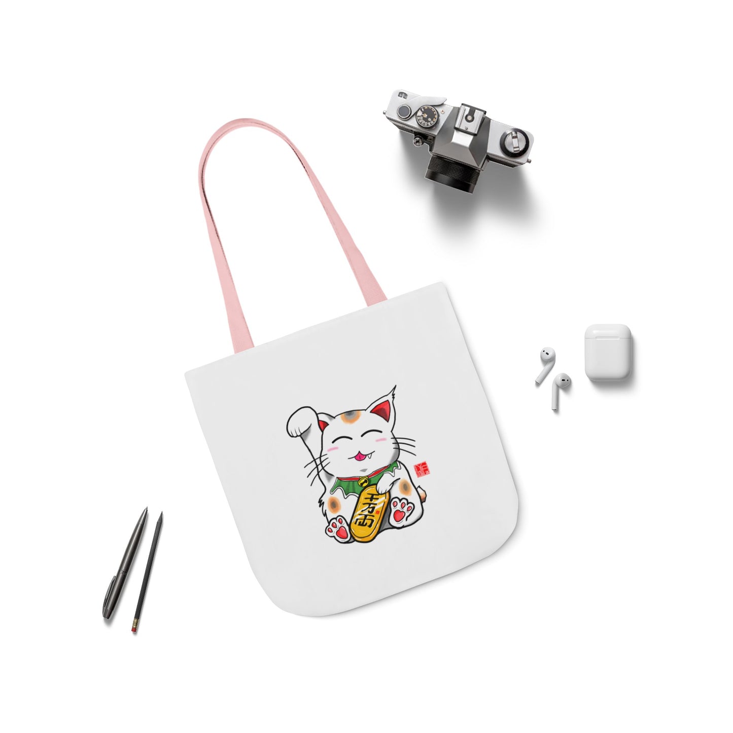Maneki-Neko Canvas Tote Bag, 5-Color Straps