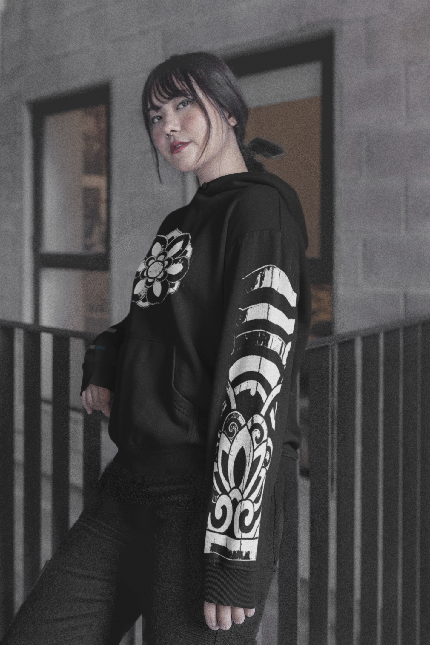 Traditonal Korean Hoodie - Dancheong Symbol & Pattern with Caligraphy- BLACK